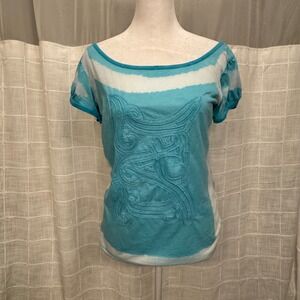 Custo Barcelona Teal Blue Embroidered Graphic T-Shirt Size 4 Y2K Scoop Neck